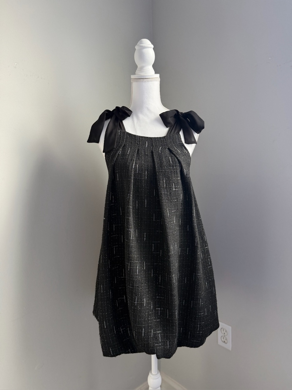 Zara Black Tweed Mini Dress with Bow Shoulder Straps